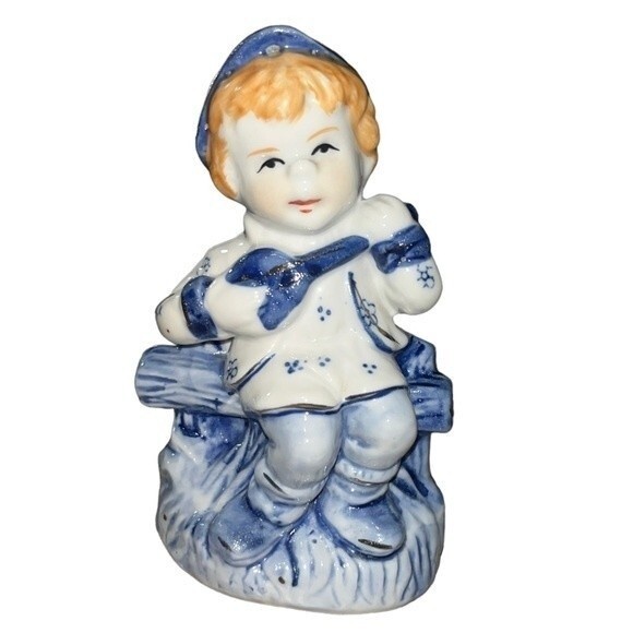 Vintage Porcelain Hand-painted Figurine Redhead Boy on Bench Playing Mandolin - Picture 3 of 12